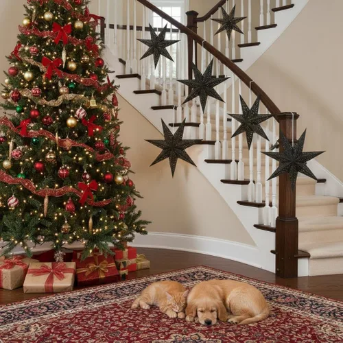 Vista 8 de 3 linternas de papel con estrellas de Navidad, 3D colgantes, estrellas de papel negro de 20 pulgadas, para Navidad, carnaval, boda, graduación