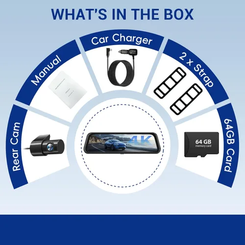 Vista 8 de Cámara de espejo retrovisor 4K, cámara de tablero de espejo de 10 pulgadas delantera y trasera con tarjeta de 64 GB, cámara de tablero de pantalla