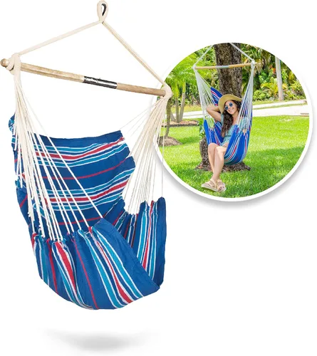 Vista 4 de Bliss Hammocks BHC-412OR - Silla hamaca de cuerda de isla, ecológica y tejida a mano, de algodón con revestimiento de barniz, separador de madera