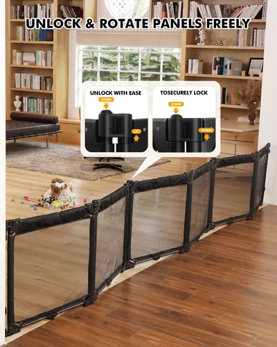 Vista 3 de Dearlomum Corralito extra ancho con malla resistente al calor, valla plegable de 6 paneles, barrera de seguridad para interiores y exteriores, Negro