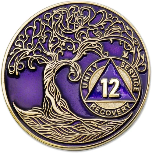 Vista 278 de 1 año Sobriety Mint Twisted Tree of Life Medallón de recuperación AA chapado en oro, chip/ficha - negro