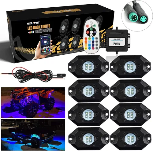 Vista 7 de SUNPIE RGBW Rock Lights 6 Pods, modo de música impermeable/20 modos de cambio de color/kit de luces LED de neón con aplicación para camionetas