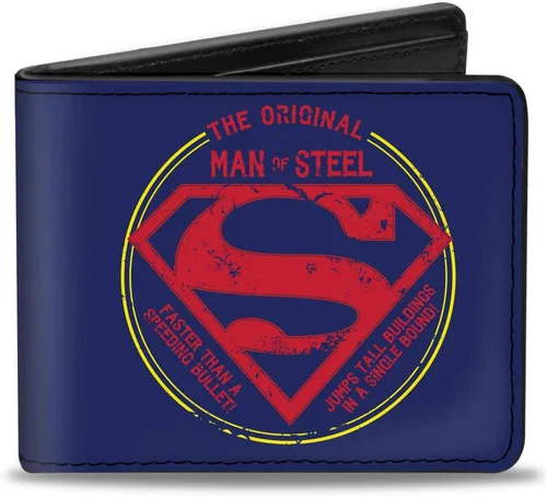 Buckle-Down Billetera de DC Comics para hombre, plegable, Superman The Original Man of Steel Badge azul, rojo, amarillo, cuero vegano, 4.0 x 3.5