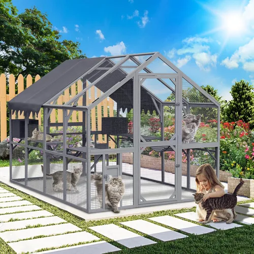 Catio grande de madera para exteriores de 110 pulgadas, recintos para gatos al aire libre, cubierta resistente a la intemperie, dos puertas
