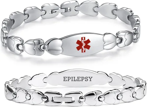 Vista 43 de LinnaLove Pulsera de identificación médica de doble corazón para mujeres 7 1/2 pulgadas de acero inoxidable de moda pulseras de alerta médica