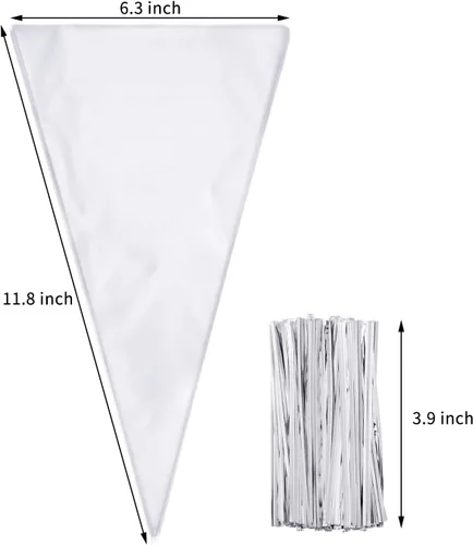 Vista 2 de Outus 100 bolsas de golosinas en forma de cono de 7 x 12 pulgadas, bolsas transparentes de celofán cello medianas para dulces y palomitas de maíz