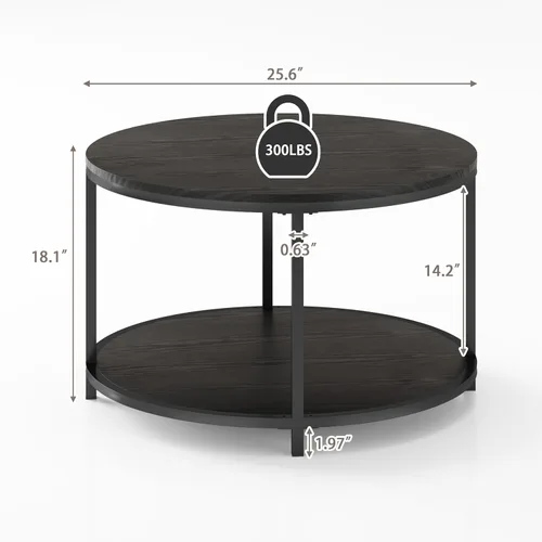 Vista 2 de NSdirect Mesa auxiliar redonda, mesa de centro pequeña de 25.6 pulgadas para sala de estar, escritorio de madera rústica de 2 niveles con estante