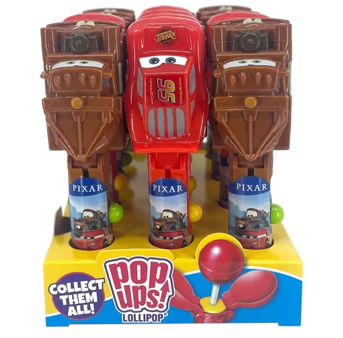 Vista 2 de Pop Ups! - Soportes para piruletas de coches, Mater and Lightning McQueen, 12 paletas con estuches, regalos de fiesta de dulces envueltos