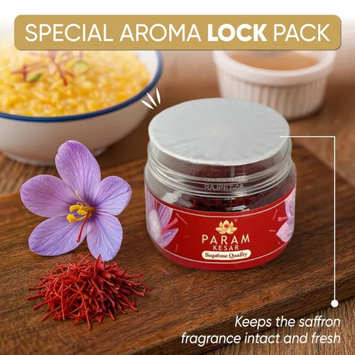 Vista 2 de Param Kesar® Azafrán supremo, 100% orgánico, hilos de azafrán puro de Cachemira Super Mongra, grado superior, certificado de seguridad alimentaria