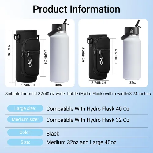 Vista 7 de RRegeny Soporte para botella de agua con correa para Hydroflask de 32 oz 40 onzas, bolsa de transporte con bolsillo para teléfono, funda