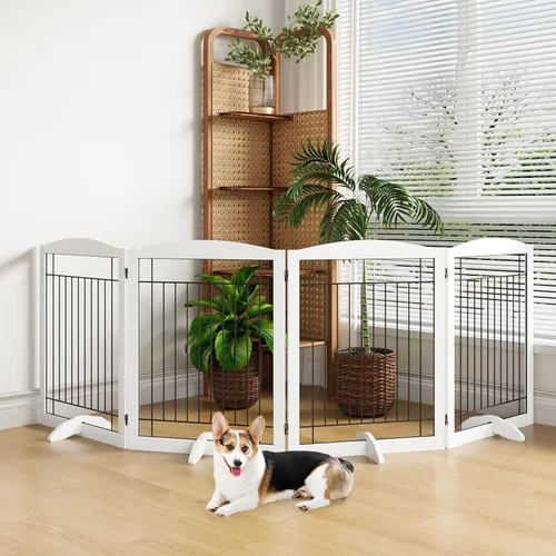 Vista 9 de Yaheetech Puerta para perros de 32 pulgadas de alto, extra ancha, para mascotas, plegable para interiores, valla de seguridad de alambre y madera