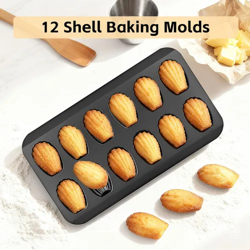 Vista 4 de Madeleines 12 Cavity Madeleine Baking Mould Carbon Steel with Non-Stick Coating for Oven Baking Chocolate Brownies Biscuits, Black