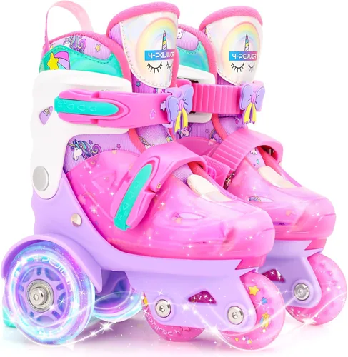 Vista 11 de Patines de ruedas ajustables para niños, niñas y señoras con ruedas que se iluminan con flash (edad 3-9), equilibrio de tres puntos, empaque de caja