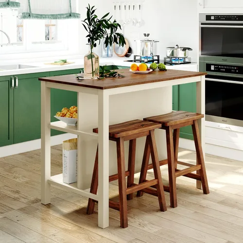 Vista 3 de Polibi Juego de isla de cocina de 3 piezas con 2 taburetes y 2 estantes, juego de mesa de comedor de madera de goma rústica con estantes abiertos