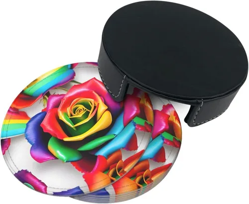 Vista 4 de Rainbow Rose Flower Leather Coasters for Drinks Set of 6 for Tabletop Protection, Elegant Home Decor & Housewarming Gift