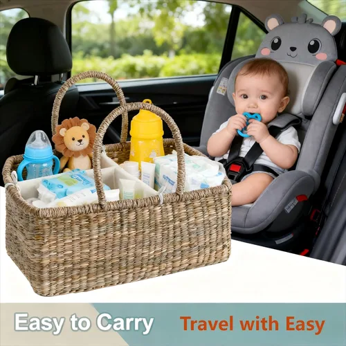 Vista 3 de Organizador de pañales de mimbre para bebé, cesta tejida de hierba marina con asas, cesta de pañales con divisores (rectangular)