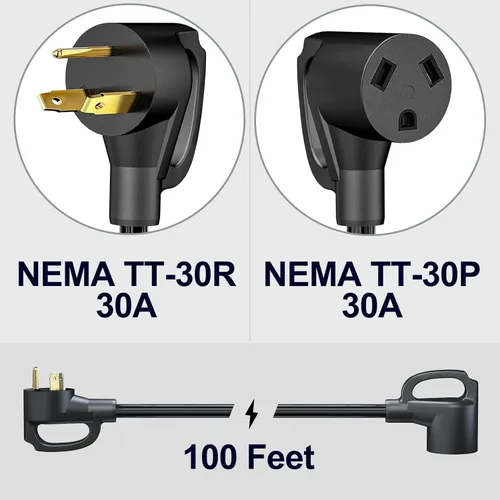 Vista 2 de STRIGHT Cable de extensión para RV de 30 amperios de 100 pies, cable de extensión de alimentación para RV NEMA TT-30P macho a TT-30R hembra de alta