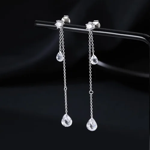 Vista 6 de SLUYNZ Solid 925 Sterling Silver CZ Droplet Dangle Earrings Chain for Women Teens Teardrop Wedding Dangling Earrings Tassel Sparkling CZ Studs Chain