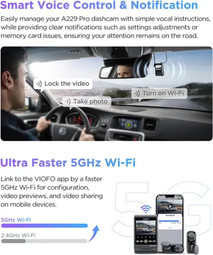 Vista 7 de VIOFO A229 Pro 3 canales 4K HDR Dash Cam, Dual STARVIS 2 Sensores IMX678 e IMX675, 4K+2K+1080P Cámara triple frontal interior y trasera para coche
