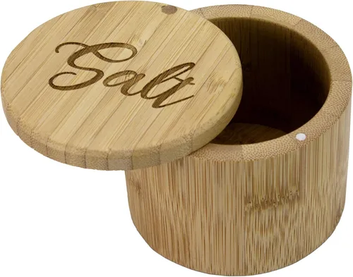 Vista 11 de Totally Bamboo Salero de almacenamiento de bambú con tapa giratoria magnética, grabado con sal en la tapa, capacidad de 6 onzas
