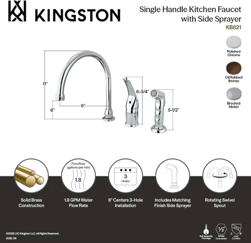 Vista 3 de Kingston Brass KB828 Grifo de cocina con pulverizador, 9 pulgadas, níquel cepillado