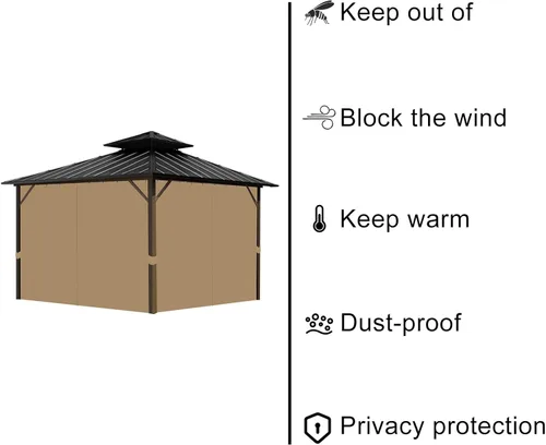 Vista 4 de Cortina de Privacidad de Repuesto Universal para Gazebo, Cortina para Gazebo de 10'X10' Impermeable para Exteriores, 4 Paneles de Cortinas Laterales