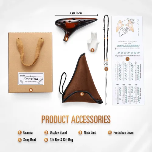 Vista 3 de MIFOGE Ocarina de 12 agujeros en Do Alto con envoltorio de regalo, soporte de exhibición, cordón para el cuello, funda protectora, libro