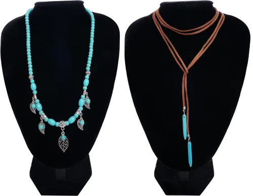 Vista 5 de Yymobt Juego de 5 piezas de joyería turquesa para mujer, collar de turquesa occidental, gargantilla larga con colgante de turquesa, aretes vintage