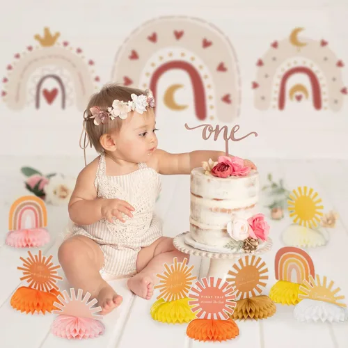 Vista 6 de 9 piezas de centro de mesa boho con forma de panal de abeja, decoración de mesa hippie arcoíris apagado, decoración de mesa de primer viaje