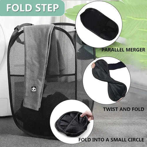 Vista 2 de Paquete de 2 cestas de lavandería emergentes plegables, cesta de lavandería plegable de malla con asa duradera, fácil de abrir y plegar