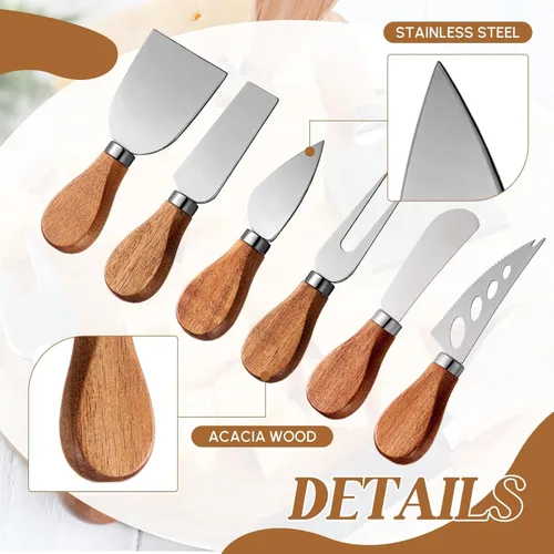 Vista 6 de Juego de 6 cuchillos de queso con mango de madera, juego de cuchillos de queso de acero inoxidable mini para charcutería y queso untable, pinzas