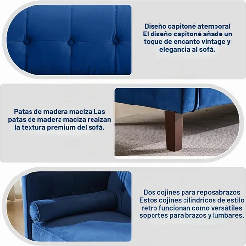 Vista 7 de Dreamsir Sofá de Terciopelo de 58'' de Ancho, Sofá Loveseat de Mediados de Siglo con Almohadas Cilíndricas, Sofá Capitoné con Botones para Sala