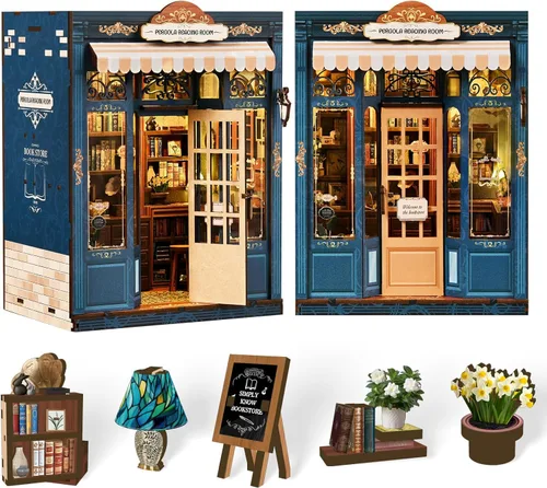 Vista 13 de Kit de rincón de libros, kit de casa en miniatura para adultos y adolescentes, decoración de estantería de callejón japonés con LED, rompecabezas