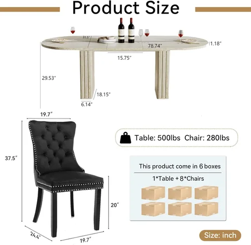 Vista 29 de Pvillez Extendable Dining Table Set of 8, Black Oval Dining Room Table & 8 Black Velvet Dining Chairs with Wood Leg, 62.99"-78.74" Kitchen Table and
