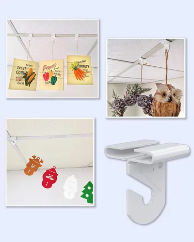 Vista 4 de Gancho de techo para colgar, 30 unidades, paquete de 10 ganchos de techo blancos resistentes y 20 clips de techo suspendidos, decoración de techo