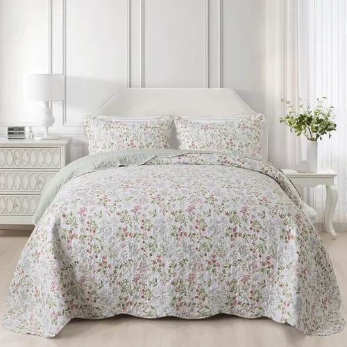 Vista 30 de NEWLAKE - Juego de cubrecama reversible de microfibra bordada con patrón floral en relieve en jacquard beige, tamaño queen