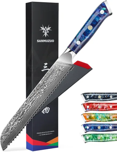 Vista 7 de Cuchillo de chef de cocina dentado de 8 pulgadas, mango de acero y resina de Damasco - Serie Xuan (naranja fantasía)