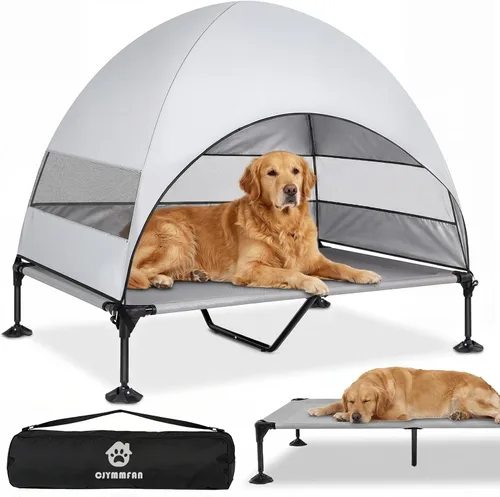 Vista 11 de Cama elevada para perros con toldo a prueba de rayos UV, tienda de campaña para perros al aire libre con potentes pies ajustables, cuna portátil