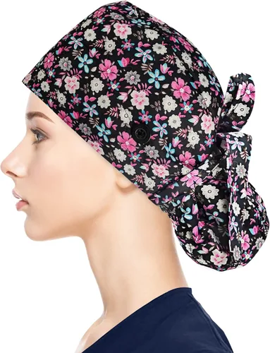 Vista 14 de Fesciory - Gorras de trabajo ajustables con botón y banda para el sudor, gorras con bolsa para cola de caballo para mujer, para cabello largo