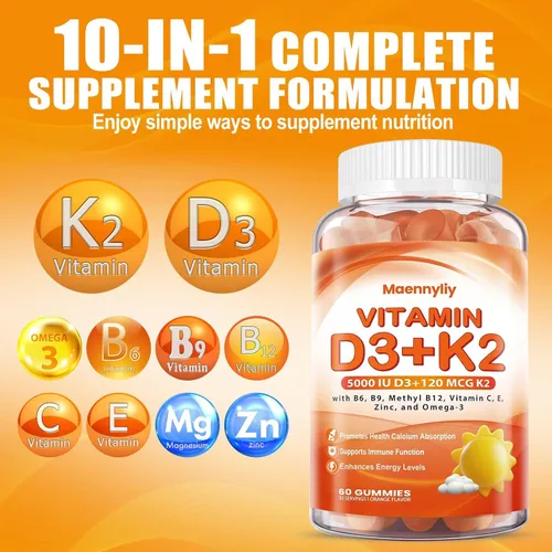 Vista 3 de Gomitas de vitamina D3 K2 para adultos – Vitamina D3 5000IU + K2 (MK-7) 120mcg – Suplementos D3 y K2 sin azúcar con omega-3, metilo B12, B9, B6