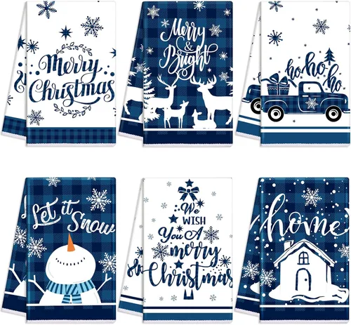 Oudain - Juego de 6 paños de cocina de Navidad | Kit de toalla de mano con diseño de búfalo azul, diseño de muñeco de nieve, muñeco de nieve