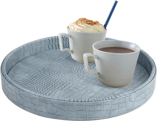 Vista 23 de HofferRuffer Bandeja Redonda de Servir de Cuero Sintético, Bandeja Decorativa de Alimentos de Cuero Croco Vegano para Almacenar Bebidas, Aperitivos