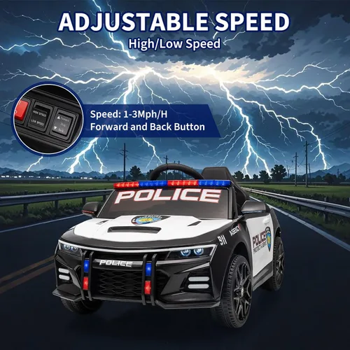Vista 4 de Coche de policía de 12 V, funciona con pilas, autos de policía con control remoto, tonos de alerta de emergencia, luces intermitentes, música