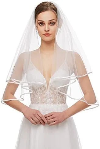 Vista 5 de Nanchor Bridal Veil Women's Simple Tulle Short Wedding Veil Satin Edge With Comb for Wedding Bachelorette Party
