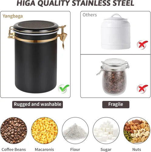 Vista 5 de Yangbaga Botes de café de acero inoxidable 304 para café molido, 2 recipientes de café de 63 onzas con estante de almacenamiento de granos de café