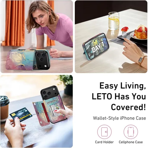 Vista 466 de LETO para iPhone 15 Pro Funda tipo cartera - Tapa tipo folio con patada - Diseños de moda - Tarjetero - Funda protectora para mujeres y niñas - 6.1