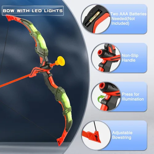 Vista 3 de Juego de juguetes de tiro con arco para niños, juego de arco y flecha con luz LED con 10 flechas de ventosa, objetivo de pie y carcaj