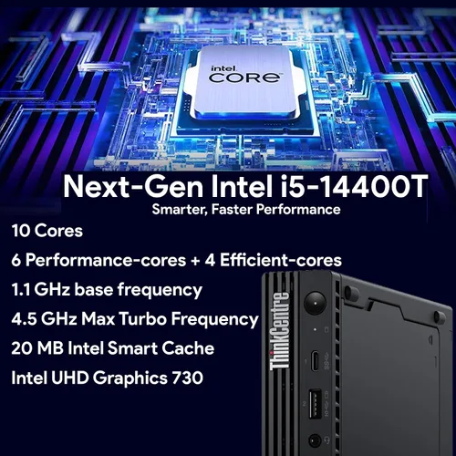 Vista 3 de Lenovo ThinkCentre M70q Gen 5 Tiny Desktop, 8GB DDR5 RAM, 256GB PCIe SSD, 1L Mini PC MFF computadora con Office 365, Intel 10-Core i5-14400T, WiFi