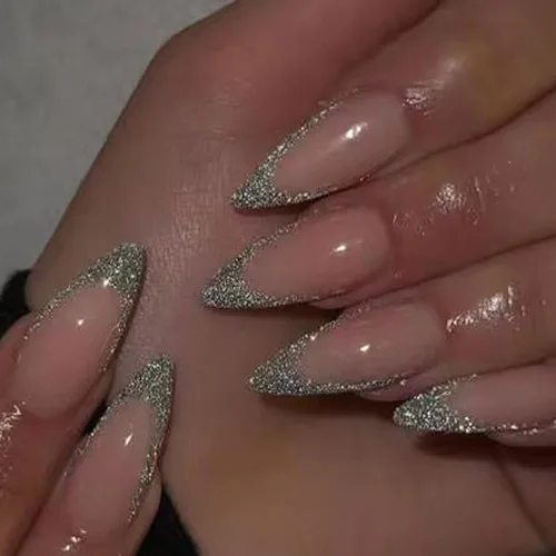 Vista 13 de 24 unidades de uñas postizas largas estilo ataúd CEWEWP con punta francesa marrón, uñas falsas rosas con pegamento, uñas falsas con diseños