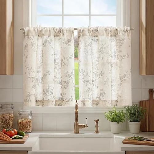 Vista 39 de JINCHAN Cortinas florales de cocina de 24 pulgadas, cortinas de lino de varios niveles, cortinas de granja de estilo cafetería, cortinas para media